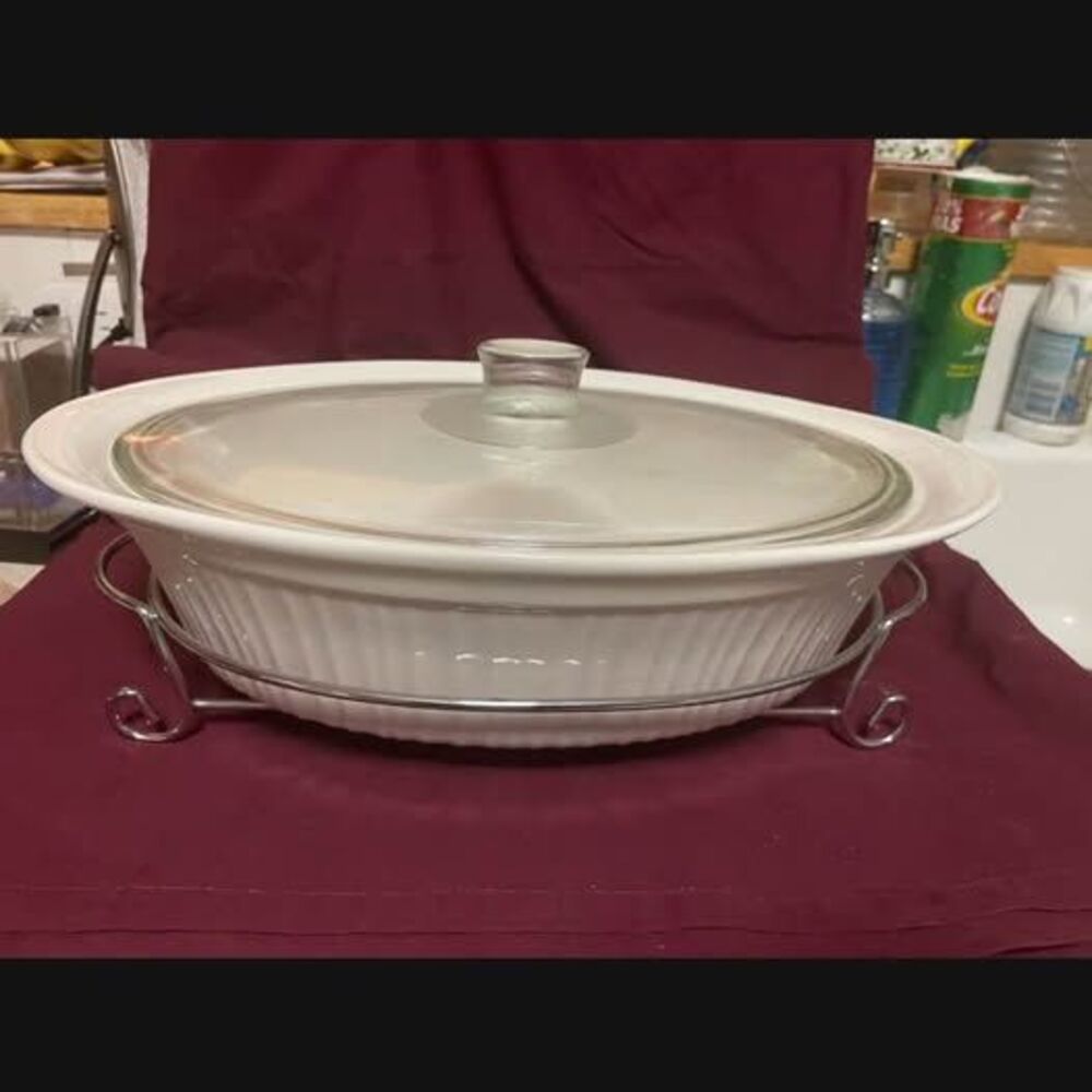 CorningWare French White Oval Casserole Dish with Glass Lid and Metal Cradle